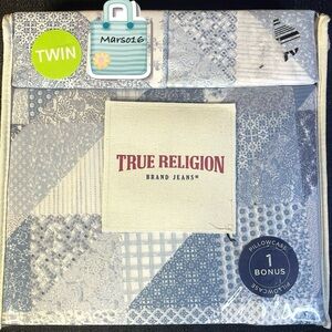 True Religion Quilt Patchwork-Look Blues White 4-pc Twin Sheet Set NEW NIP